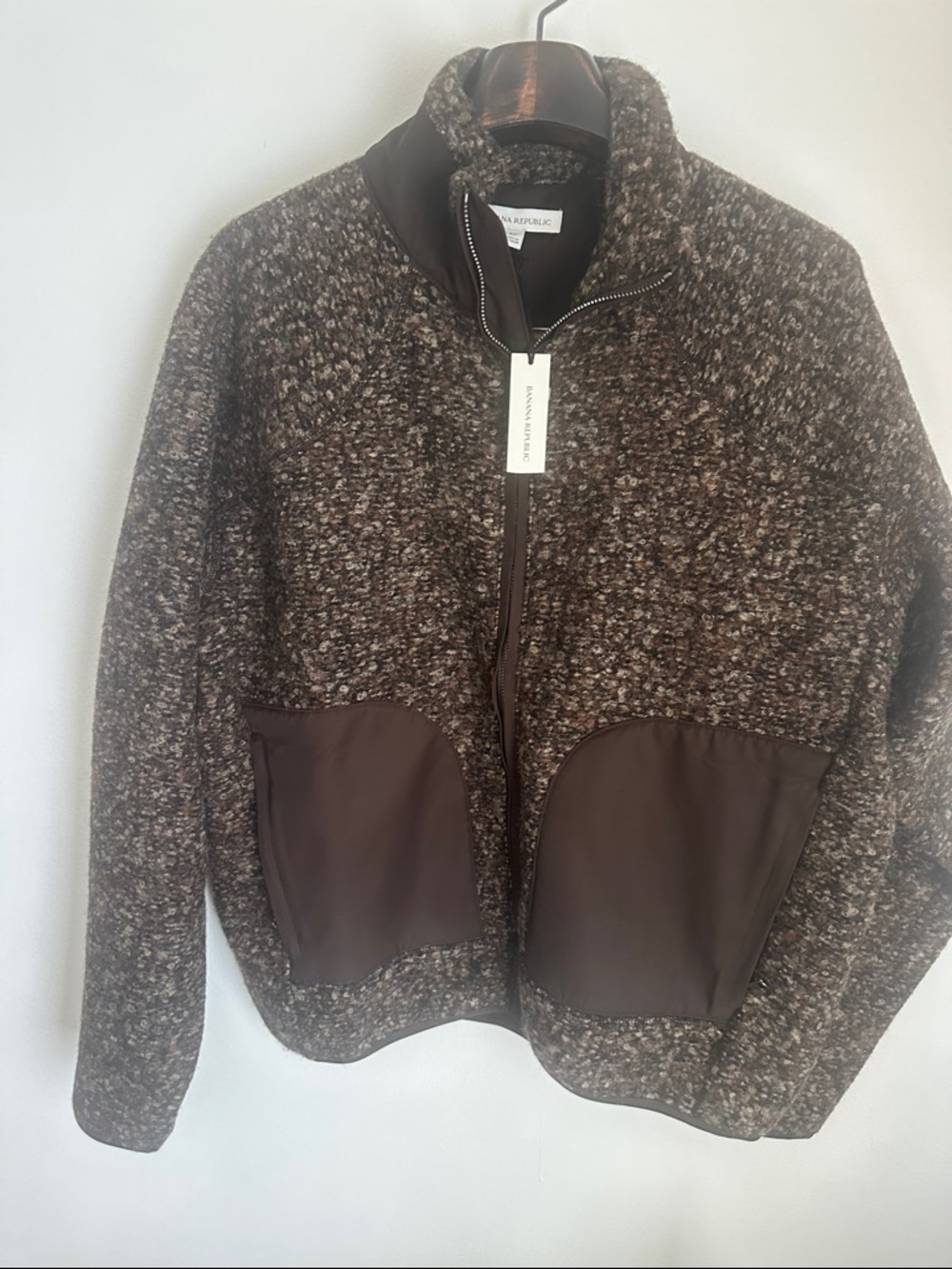 Banana republic Brown boucle fleece Zip-Up Knit Jacket with Contrast Pockets